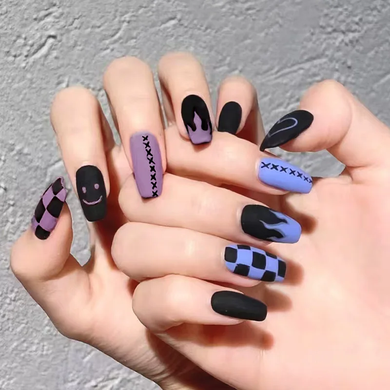 

24pcs Graffiti Press-On Nails - Red & Blue Flame Heart Smile Design Long Square Shape Fake Nails(Multi Sizes)