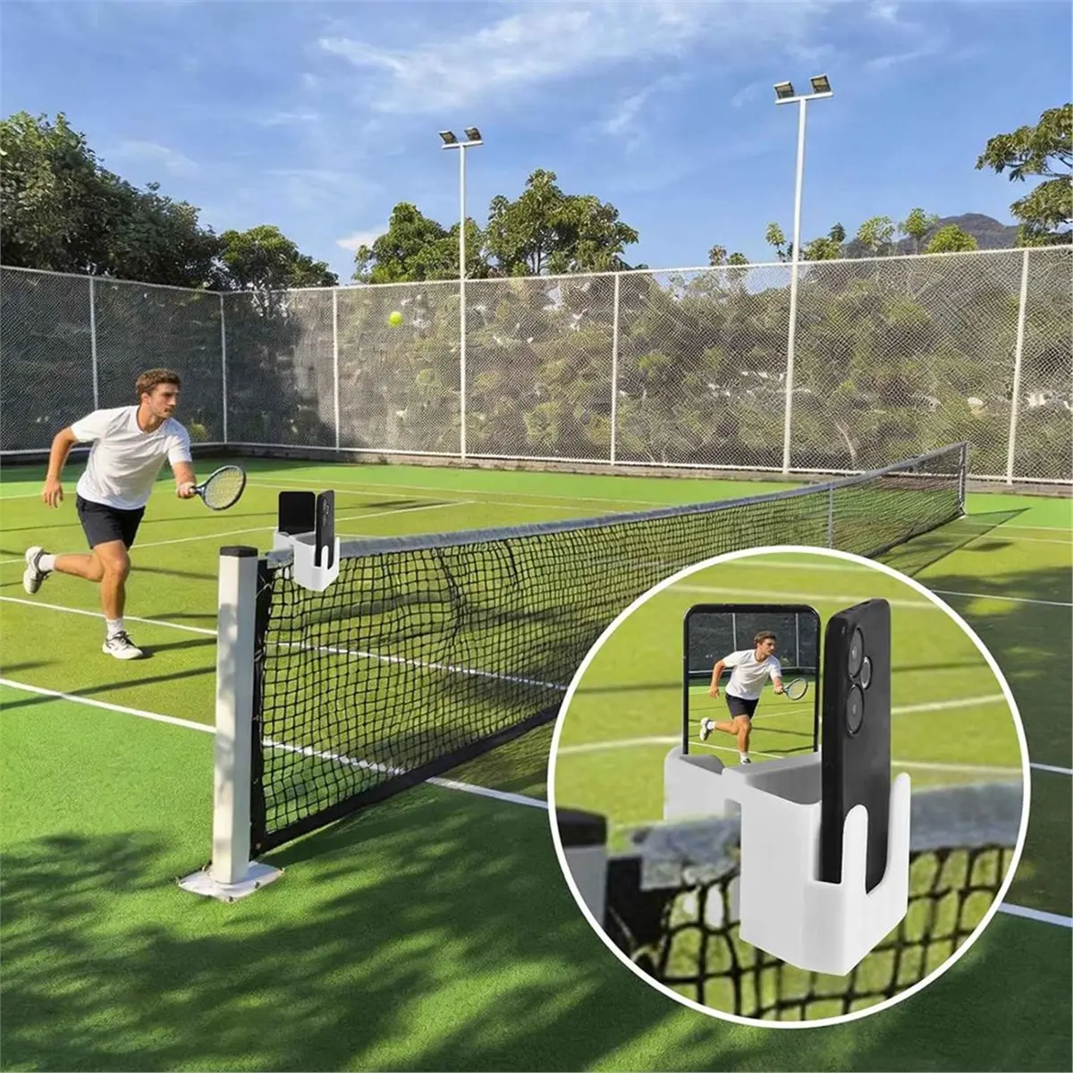 Tennis Net Phone Holder, 3D Printed Dual-View Camera Mount 30° Golden Angle Dual Holders Simul Rec