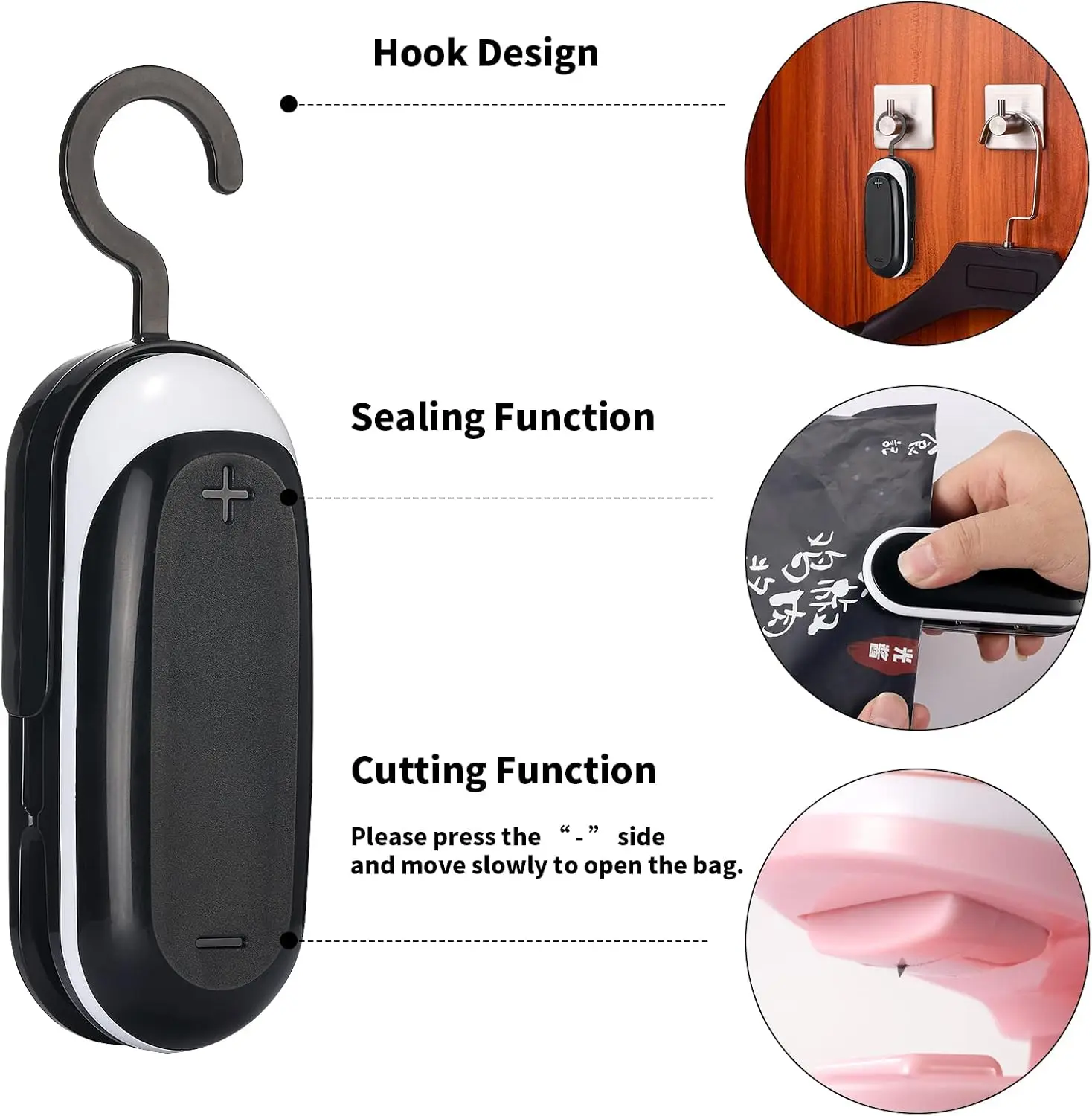 Mini sellador de bolsas, paquetes de selladores al vacío de calor portátiles, sellador de bolsas de chips con sellador térmico 2 en 1, sellador de alimentos, resellador de bolsas de mano