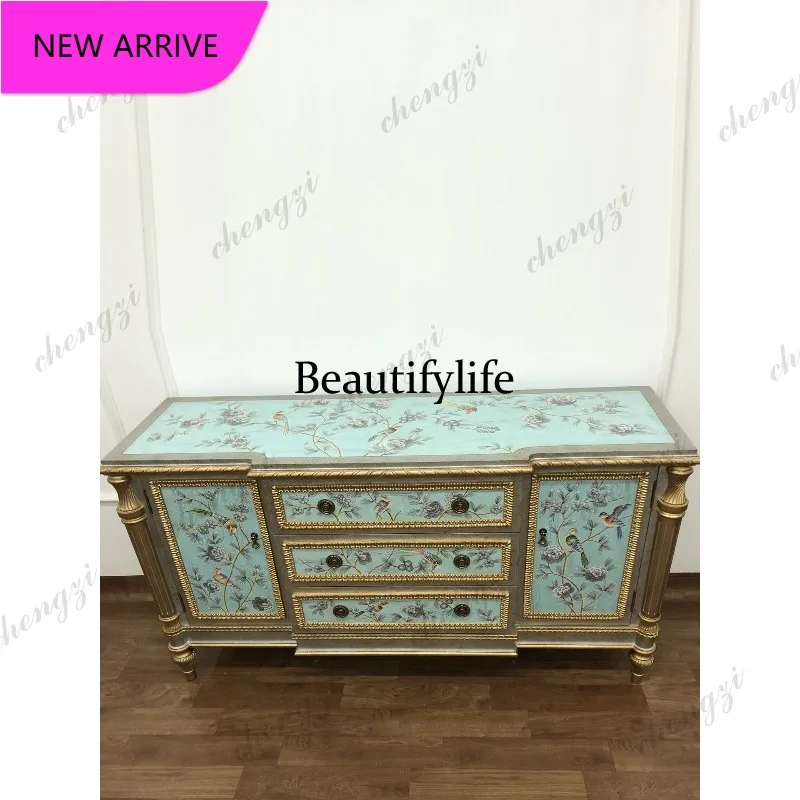 

P3 High-end French retro hand-painted gold-painted entrance cabinet, living room dining side cabinet, storage cabinet