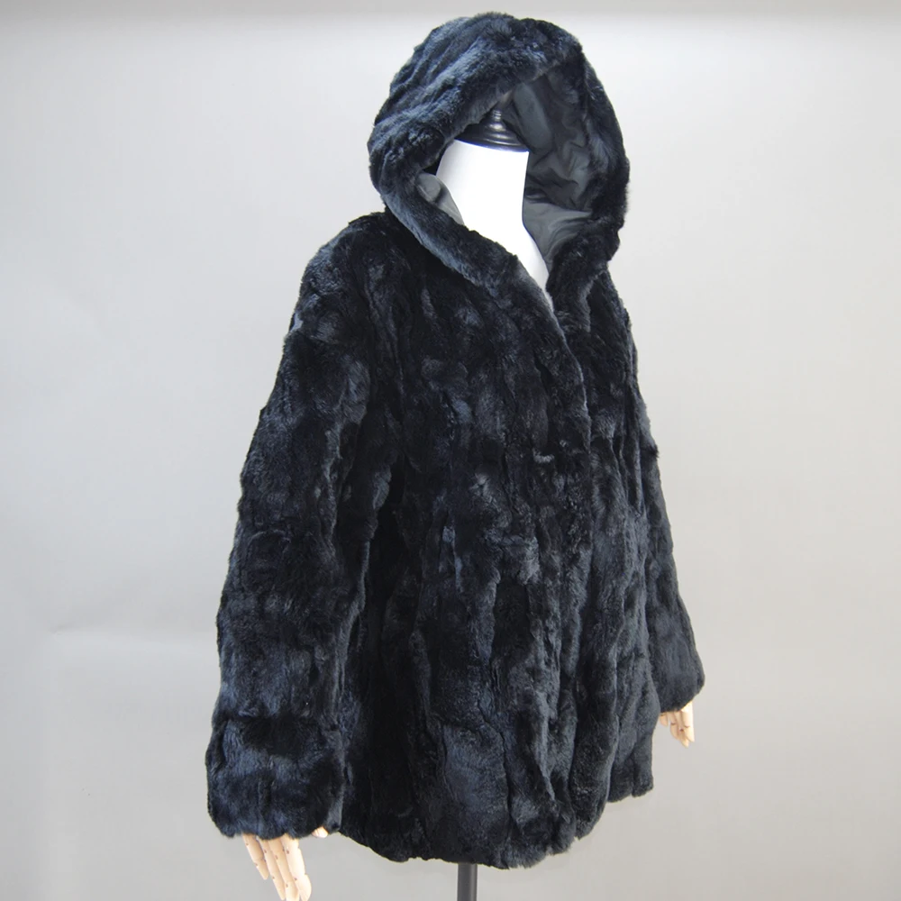 Lady Real Rex Rabbit Fur Coat Luxury Hooded Genuine Rex Rabbit Fur Jacket 2024 Fashion Women Whole Skin Real Rex Rabbit Fur Coat