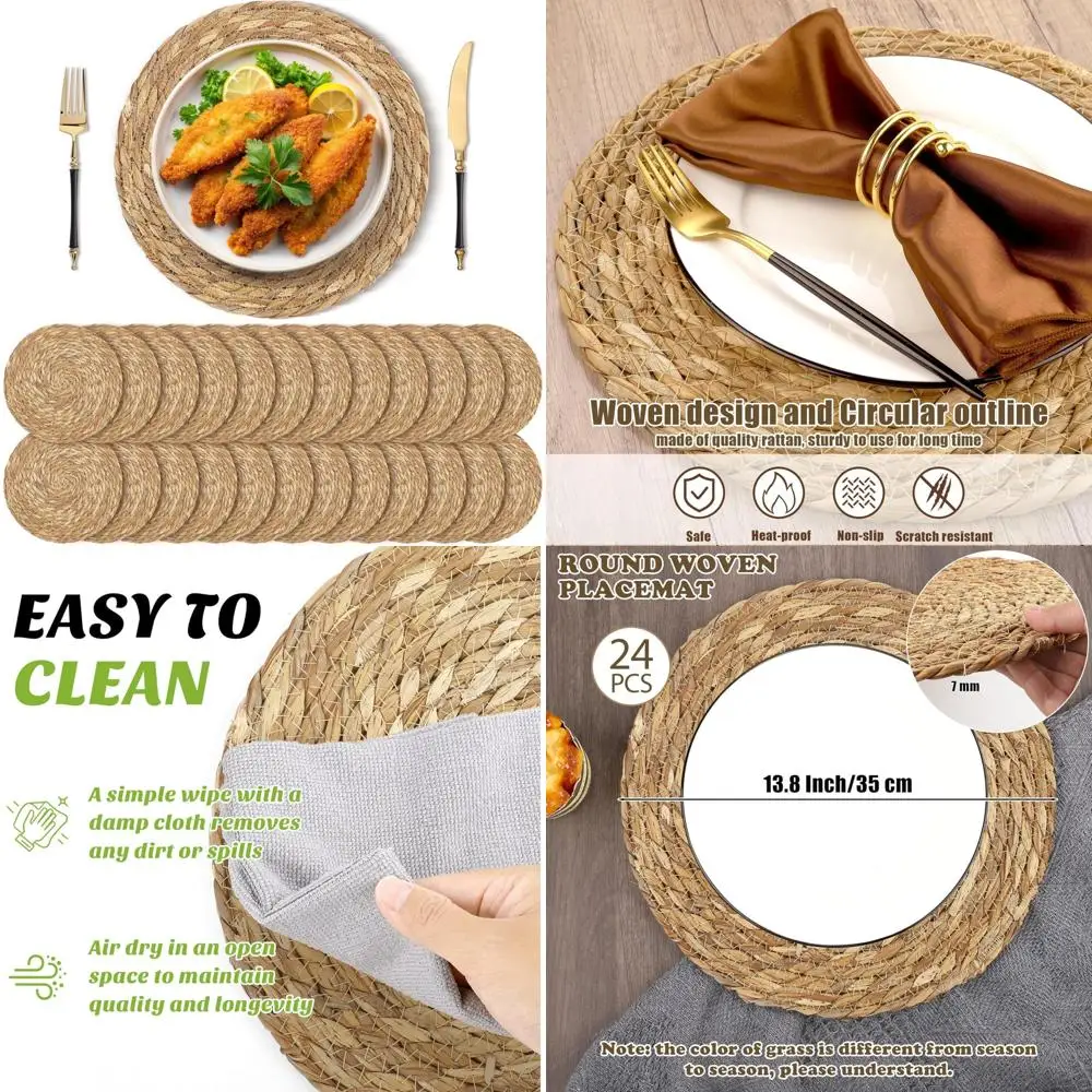 

Natural Handwoven Boho Rattan Placemats, Set of 24, 13.8 Inch Round Woven Table Mats, Farmhouse Style