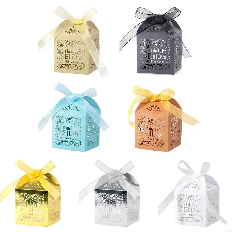 KX4B 100pcs Eid Mubarak Candy Box Hollow Rose Ramadan Kareem Gift Boxes Islamic Muslim Festival Happy Al-Fitr Eid Event Party