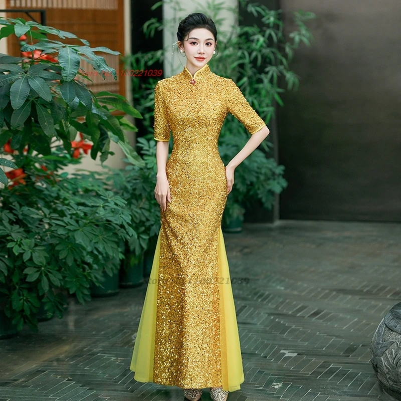 

2025 chinese improved qipao dress cheongsam national flower sequin banquet dress oriental stage performance evening dress qipao