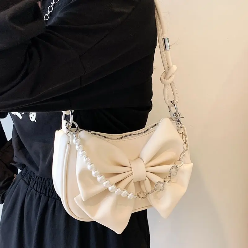 Bolso de hombro con perlas para mujer, bolsa con cadena y lazo de cuero PU, textura coreana, elegante