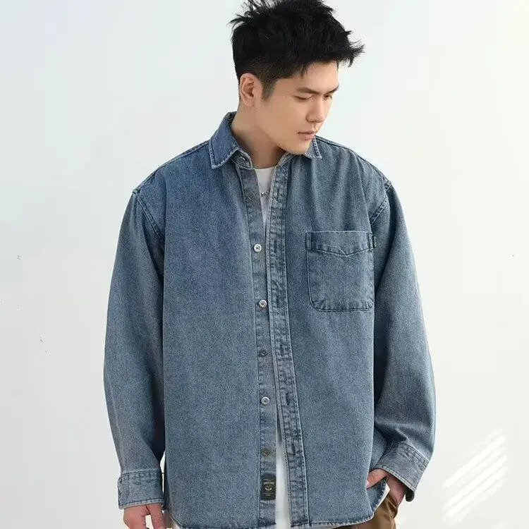 

American Retro Denim Long Sve irt Jaet Men's Loose Trendy Workwear irt Spring Autumn Seasonal Stand Fit Casual Wear