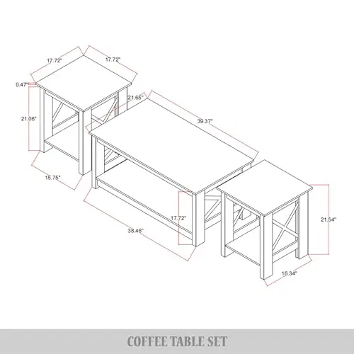 3-Piece Coffee Table Set Modern Transitional with X-Style Side Panels Open Shelf Design Solid & Engineered Wood Living Room