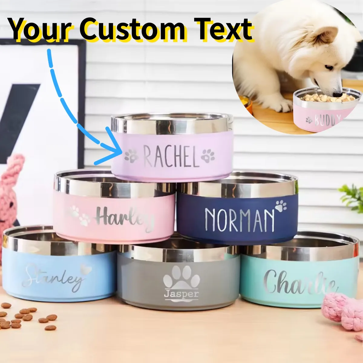 

Personalized Dog Cat Food Water Bowls With Name Stainless Steel Colored Pet Bowl Custom Pet Accessory Gift Treat Decals Labels