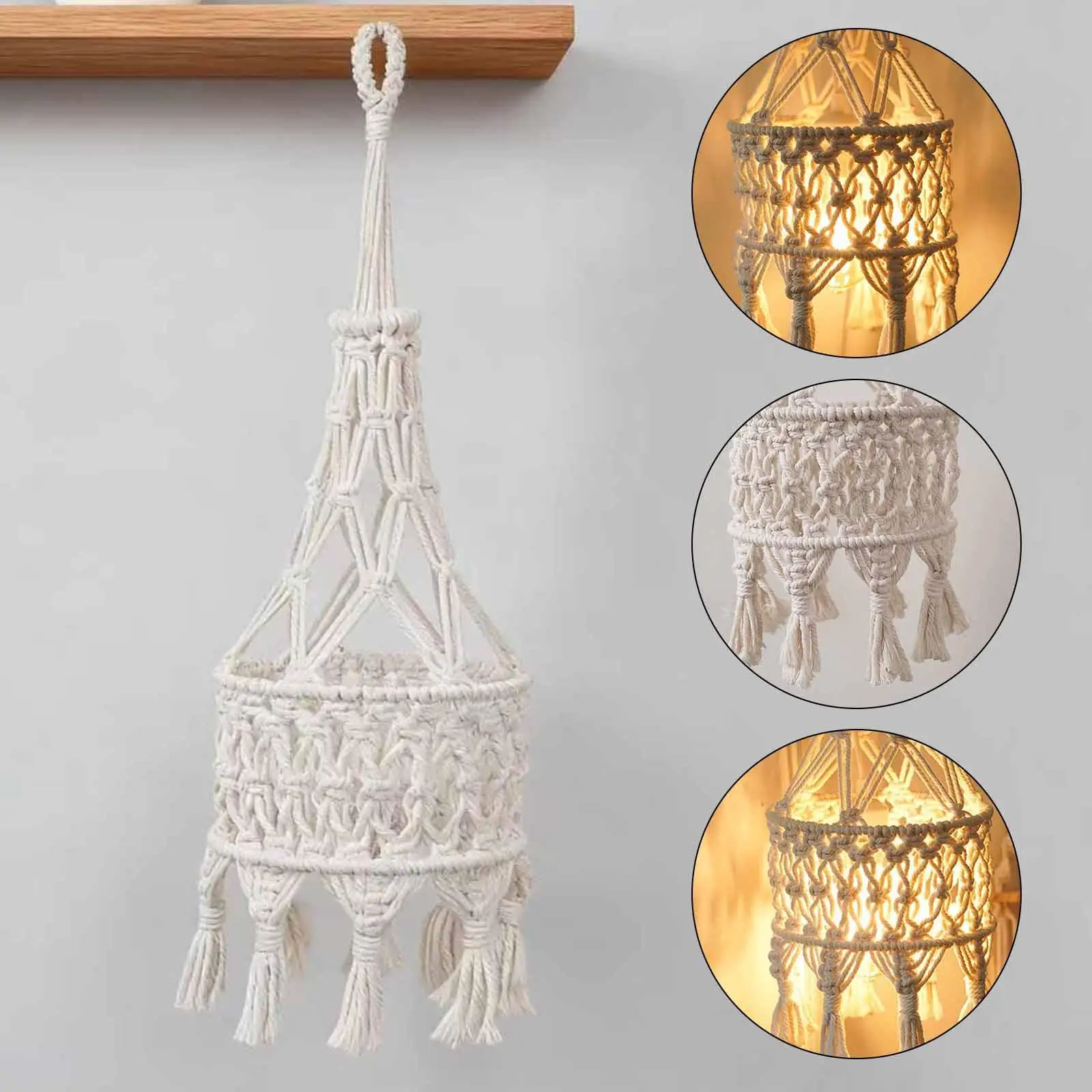 Macrame Pendant Lamp Shade Cotton Handmade Cover Boho Light Fixture Lampshade for Bedroom Nursery Dining Home Decor