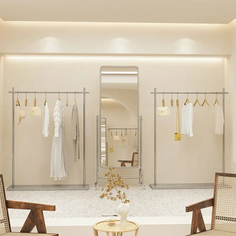 New Model Classic Clothing Store Zhongdao Rack With Plate Display Rack Stainless Steel Silver Clothing Rod Floor Type