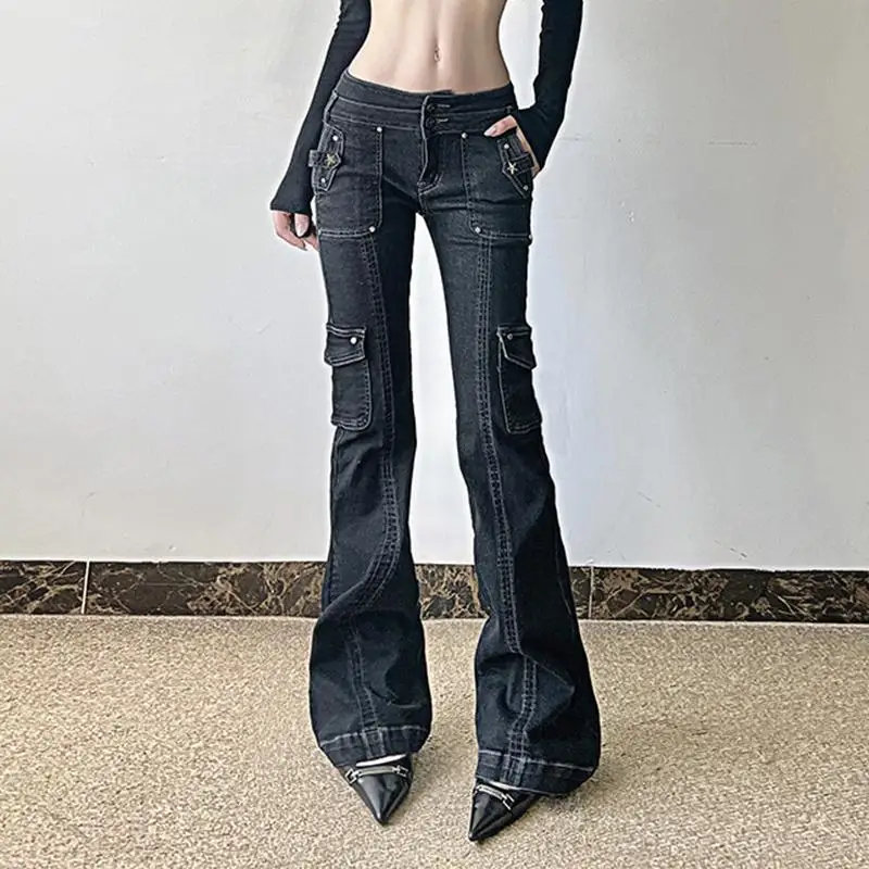 

Y2K Punk Star Shaped Rivet Jeans Low Rise Multi Pockets Patchwork Cargo Pants Korean Hippie Flared Denim Trousers