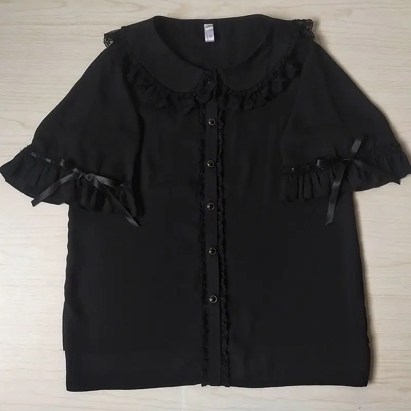 2000s Japanese Style Peter Pan Collar Top French Elegant Slim Women Shirts Y2k Harajuku Vintage Lolita Sweet Short Sleeve Blouse