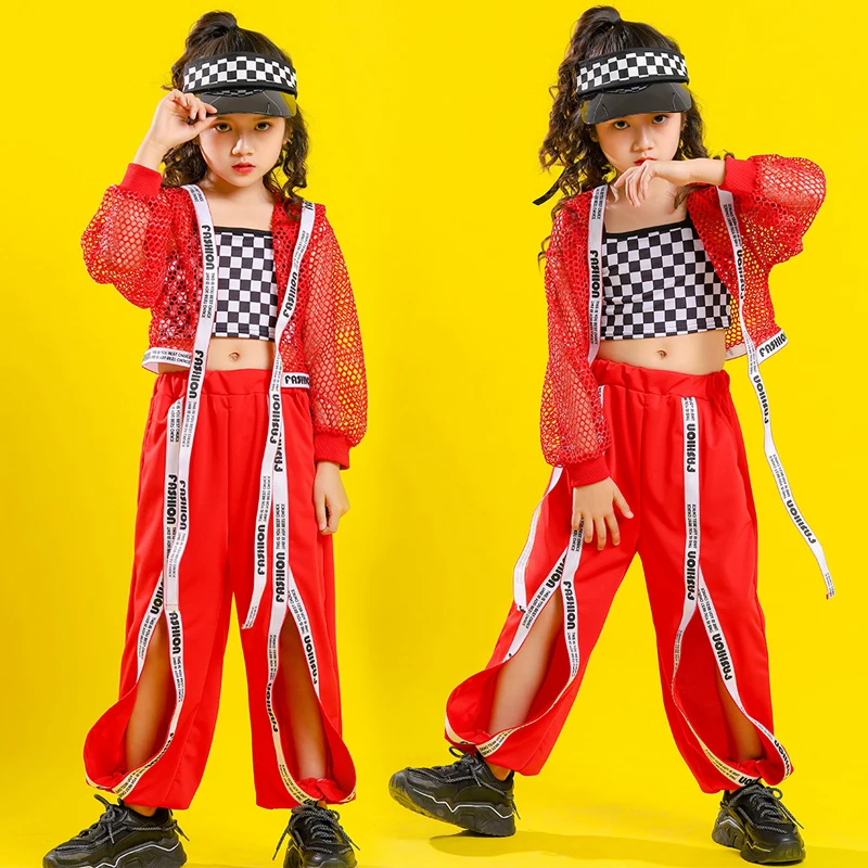 2023 Jazz Kostüm Für Mädchen Red Net Mantel Slit Hosen Hip Hop Dance Kleidung Kinder Moderne Dance Performance Outfit Bühne tragen BL9885