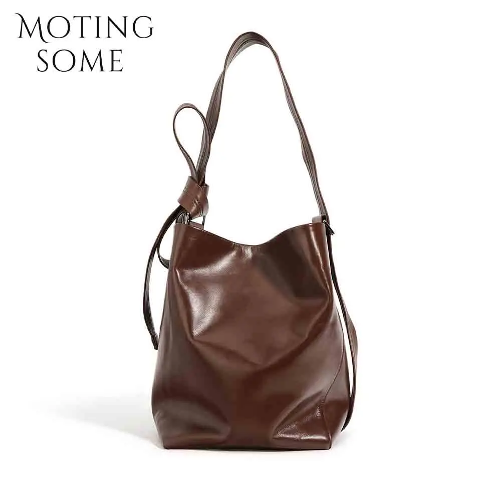 

Motingsome Simply Woman Leather Bag Lady Work Daily Purses Luxury Cowhide Soft Bucket Bags Shoulder Handbag Autumn New 2024