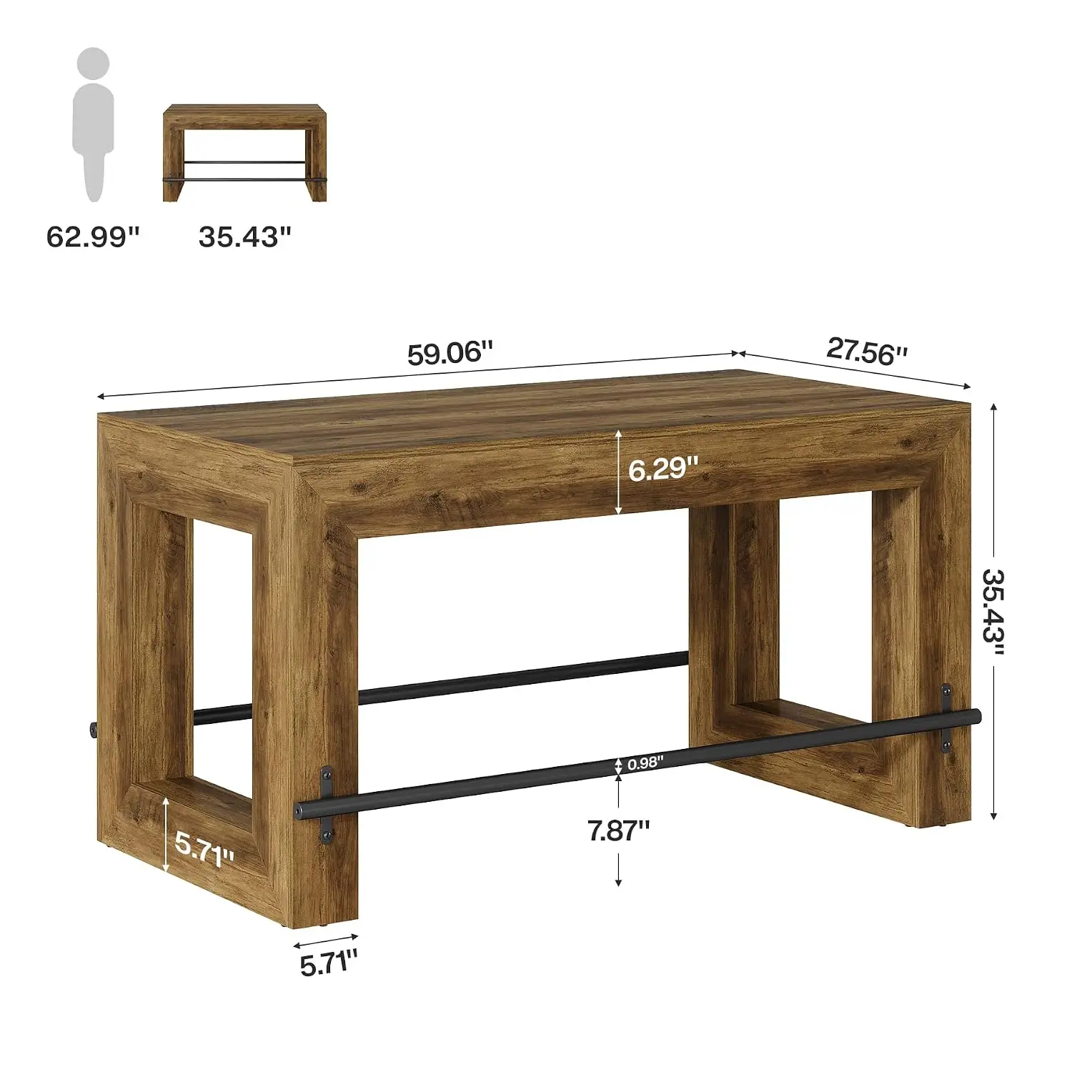 Industrial Bar Table Counter Height Pub Dining Rectangular Metal Footrest Home Kitchen Dining Bistro Rustic Brown, Customized