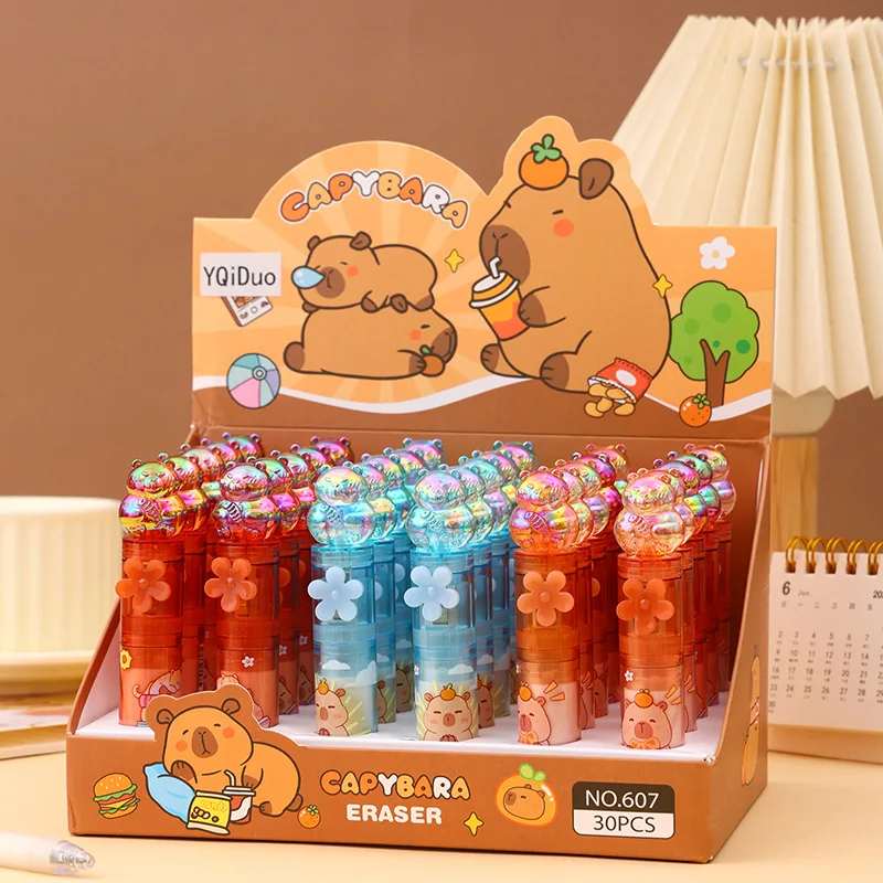 30 Pcs Crystal Capybara Luminous Eraser Cute Shape Rotating Out The Core Erasers Stationery