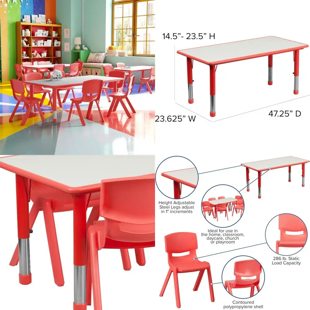 طقم طاولة أنشطة بلاستيكية حمراء و6 كراسي، EMMA & OLIVER، عرض 23.625 × طول 47.25