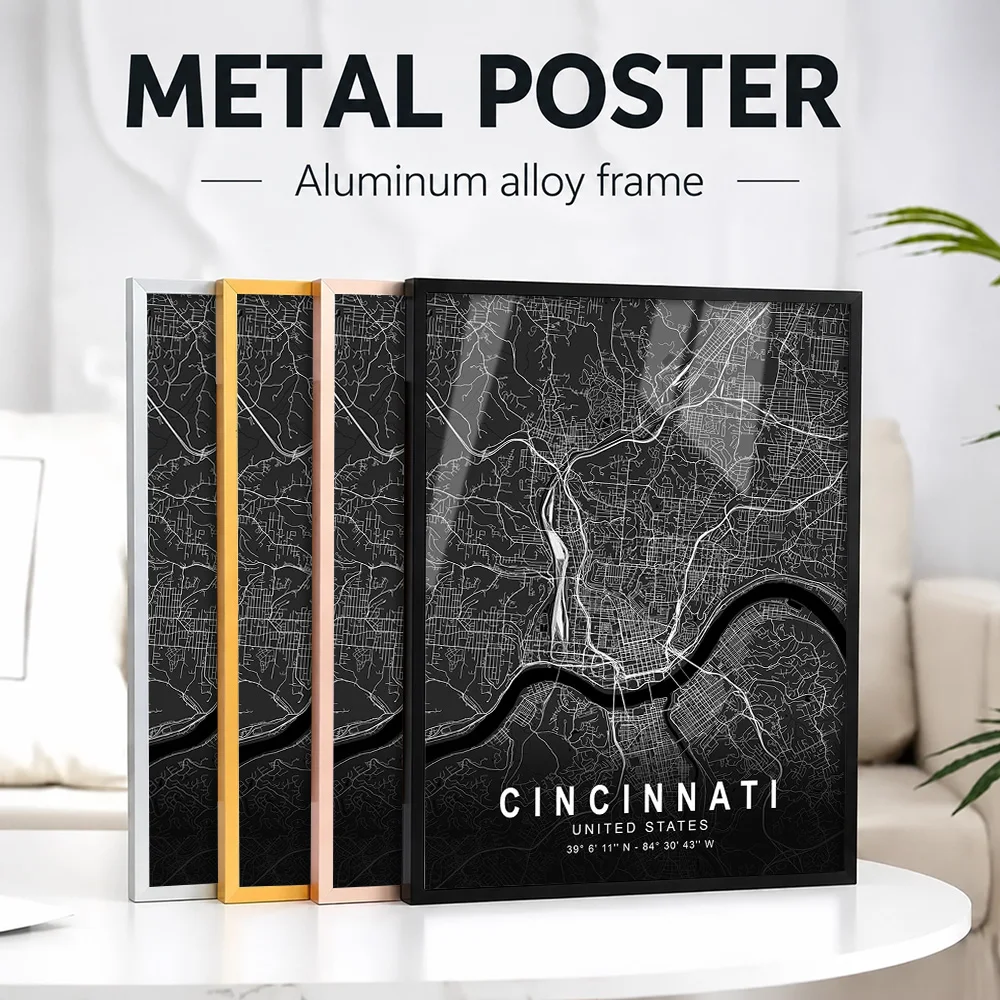 Cincinnati Dark Map Framed Metal Print Customized Photo Retro Tourism Style Wall Art For Living Room And Office City Lover Gift