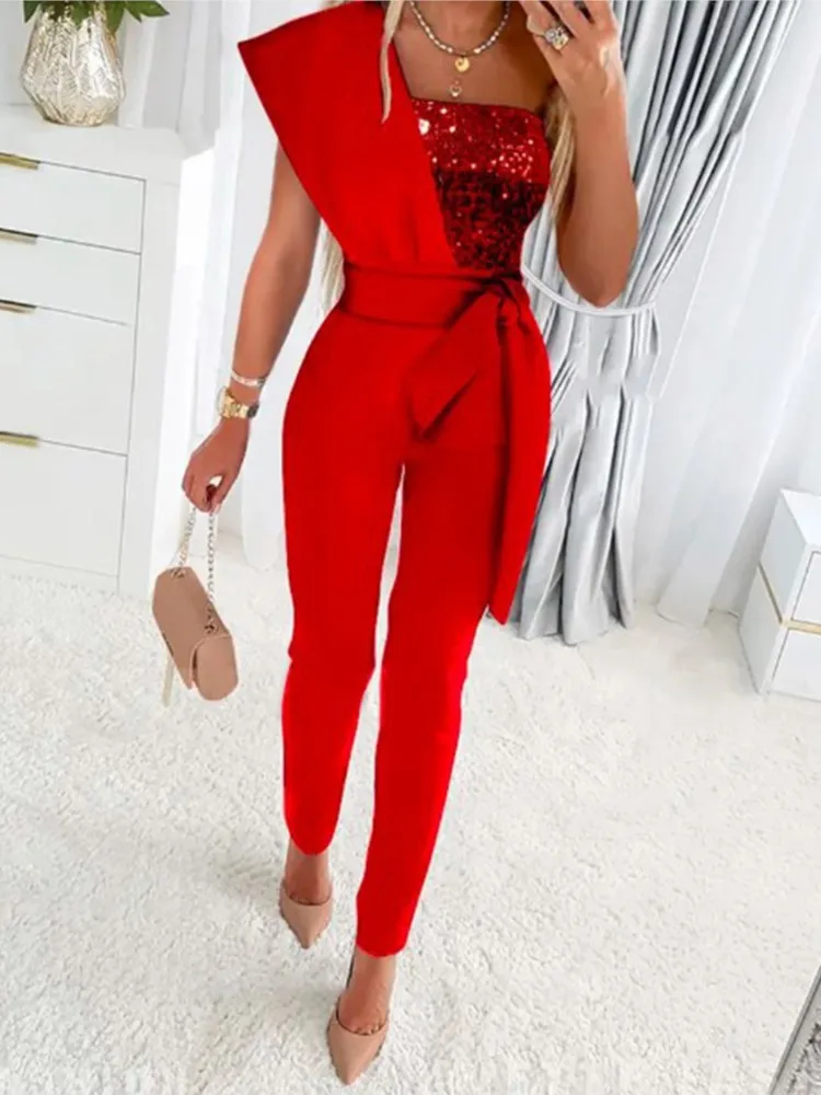 Summer New Sexy Jumpsuit Women\'s Sequin Patchwork Short Sleeved Commuting Slim Fitting Jumpsuit Women\'s Elegant Women\'s Jumpsuit