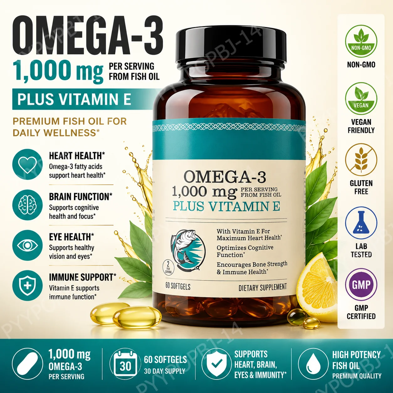 

Omega-3 Fish Oil 1000mg EPA 600mg DHA 400mg with Vitamin E 60 Softgels Lemon Flavor Non-GMO Gluten Free