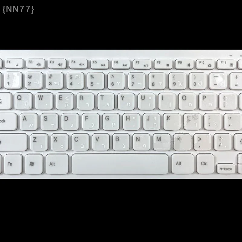 【FEB-NN77】Weißer hebräischer Alphabet-Aufkleber für Laptop/Desktop-Tastaturen auf transparentem Hintergrund