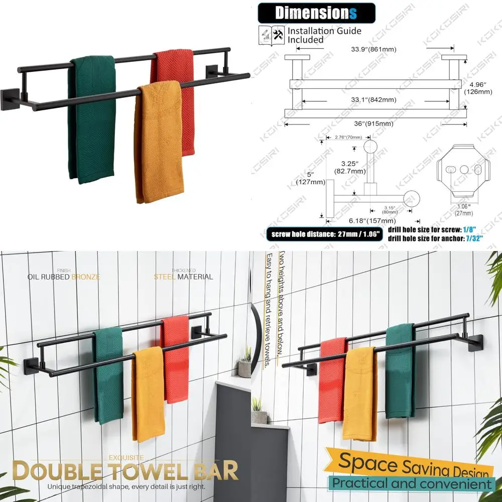 

36-Inch Wall Mounted Double Towel Racks, Oil Rubbed Bronze Finish, Stainless Steel Bathroom Towel Holders for Enhanced Storage.
