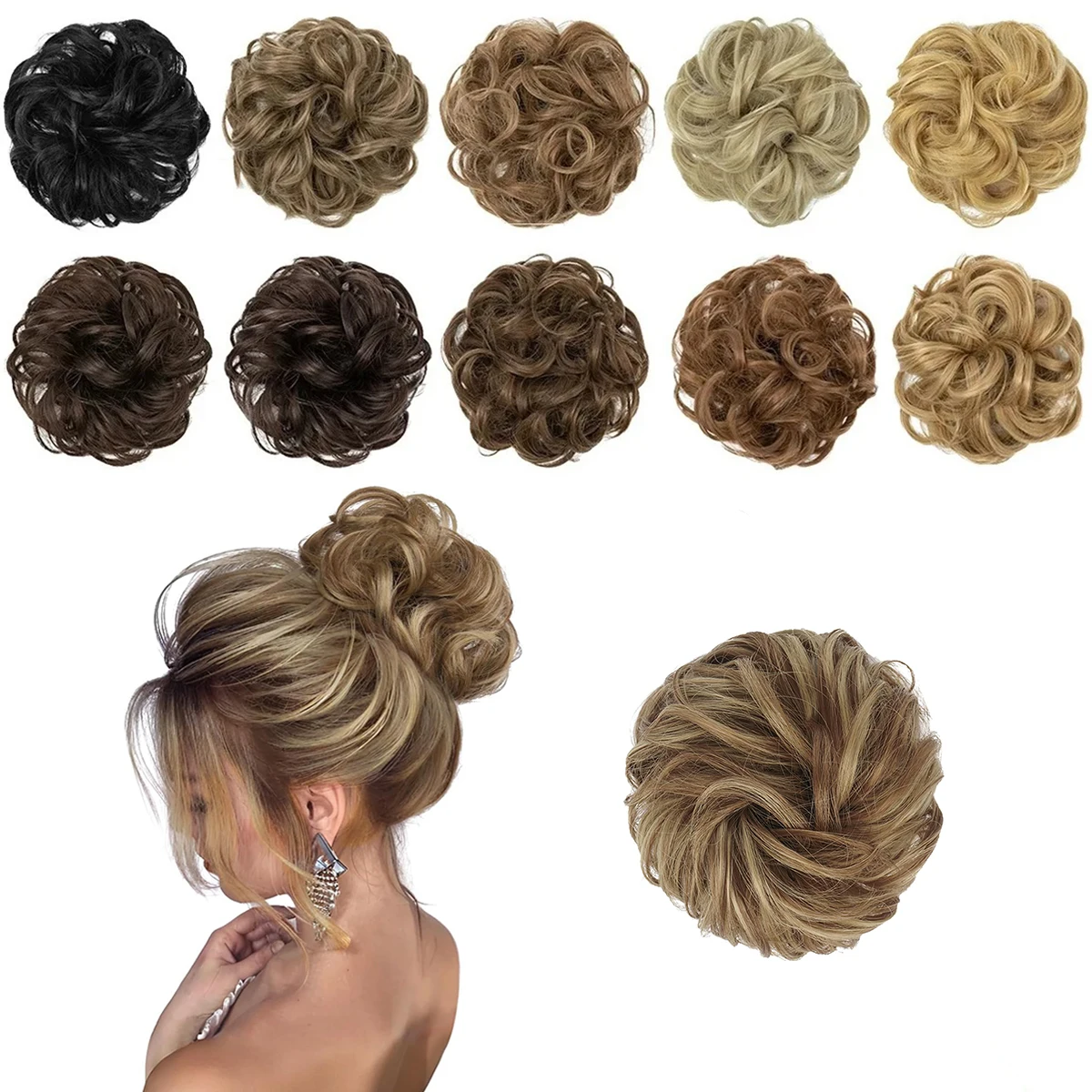 Synthetic Hair Bun Extensions Messy Curly Elastic Hair Scrunchies Hairpieces Synthetic Chignon Donut Updo Hair Pieces for Women