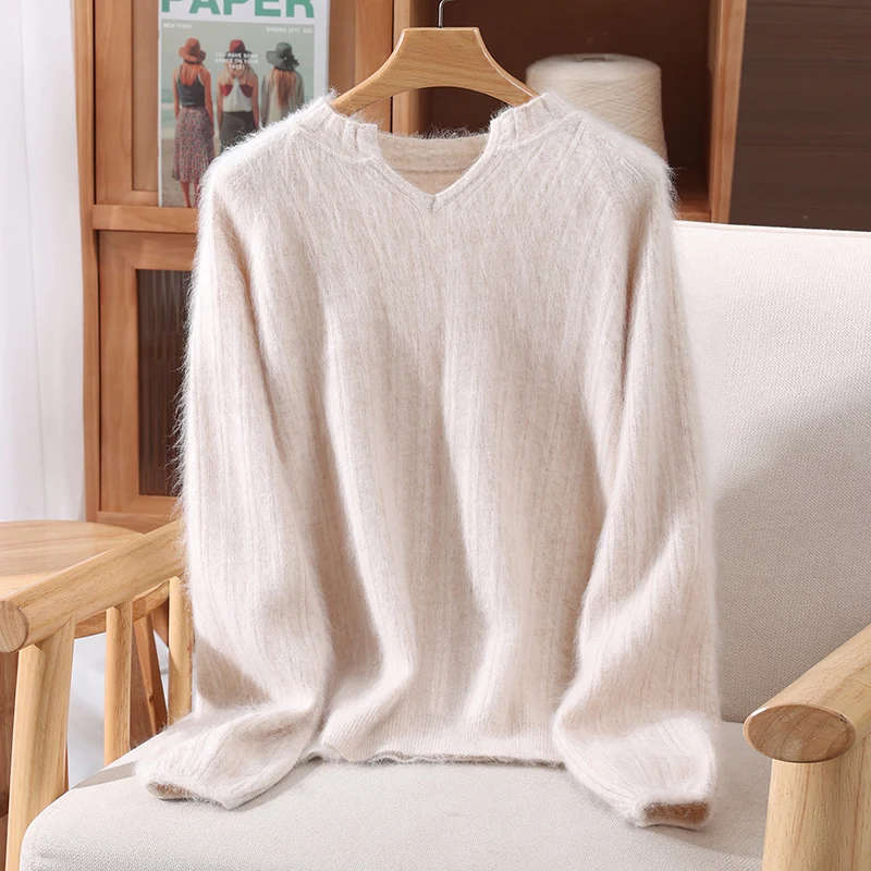 

New Chic Puff Sleeves Grace Women's Clothes Autumn Winter V-neck Pullover Cute 100% Mink Cashmere Sweater Soft Casual Knitwear