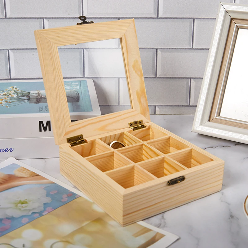 Caja de almacenamiento de madera con 9 compartimentos, organizador de bolsas de azúcar, contenedor de té, accesorios de joyería, organizador de broche