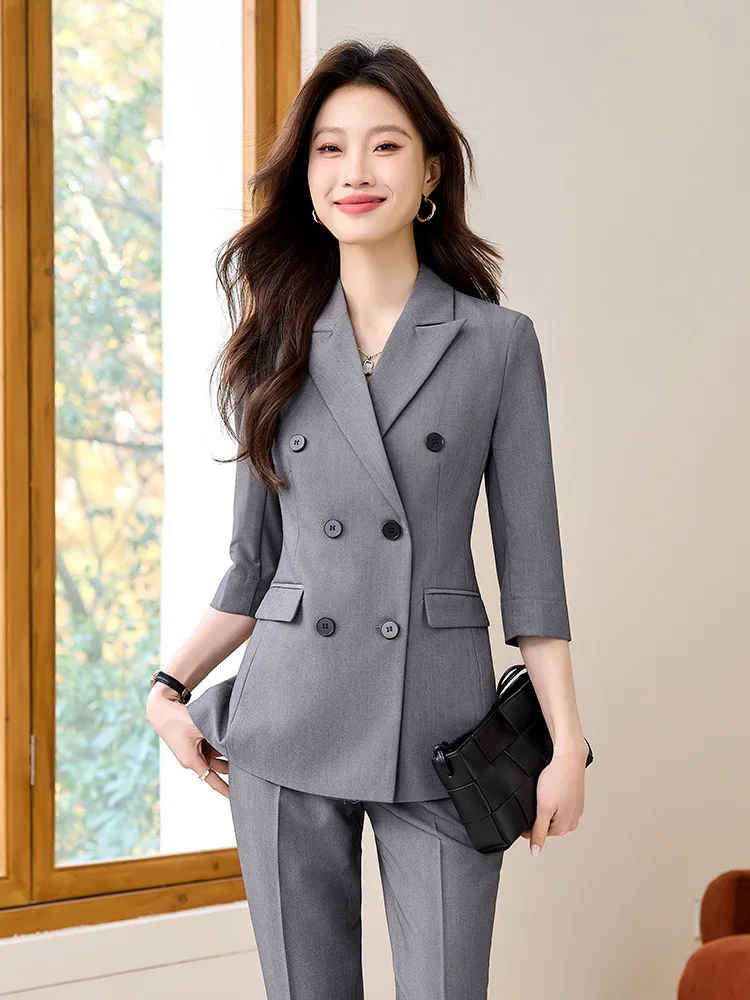

Gray women's suit2025New Spring-Summer Double-Breasted Professional Elegant Workwear Blazer for Women