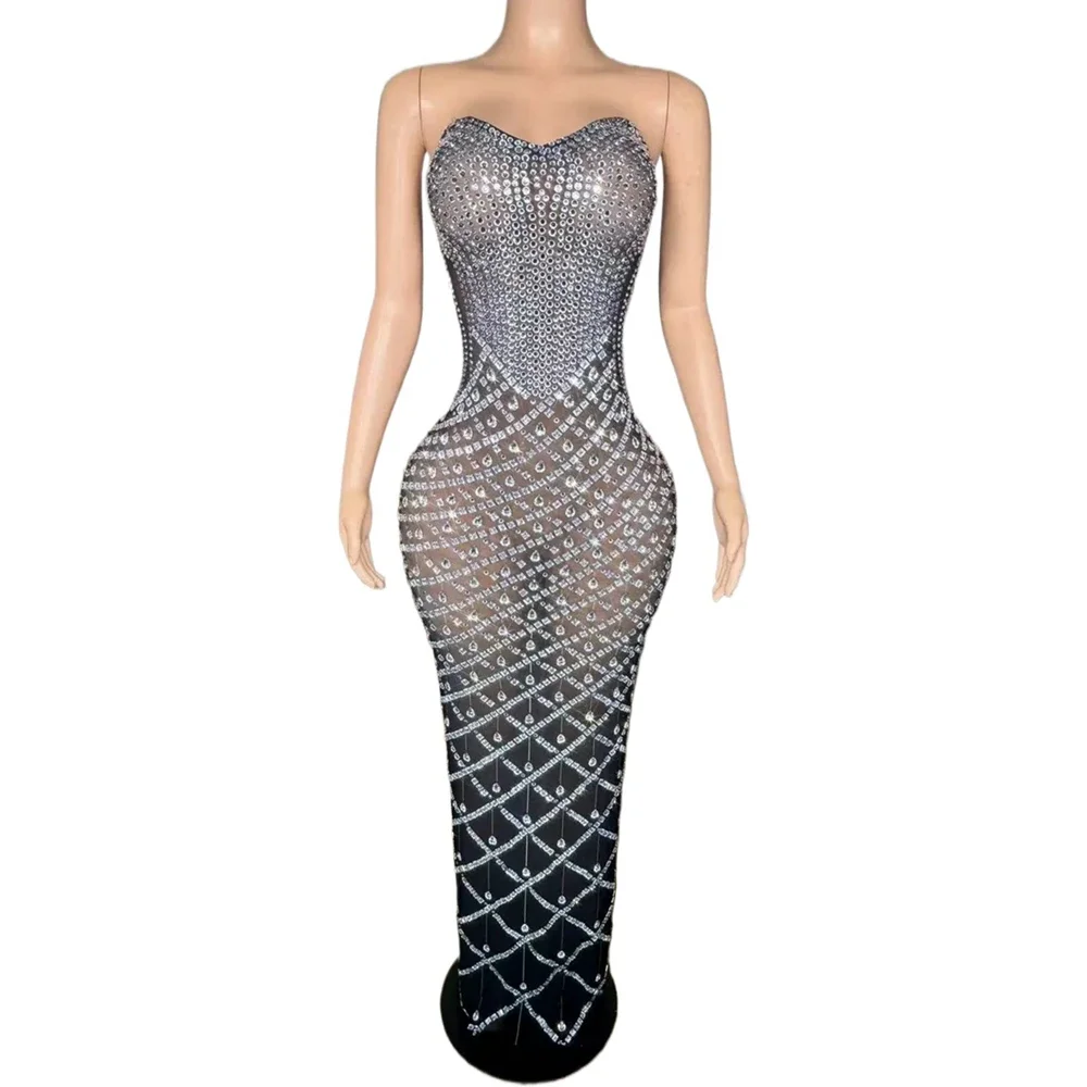 Vestido largo de tubo negro con diamantes de imitación brillantes para mujer, vestido Sexy de malla transparente para noche, cumpleaños, celebración de graduación y sesión de fotos