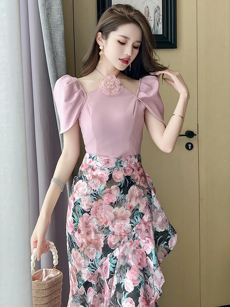 Fashion Summer Sexy Chic 2 Piece Outfit Elegant Women Lady Puff Sleeve Cropped Short Tops Shirt Blouse Midi Skirt Mujer Slim Set