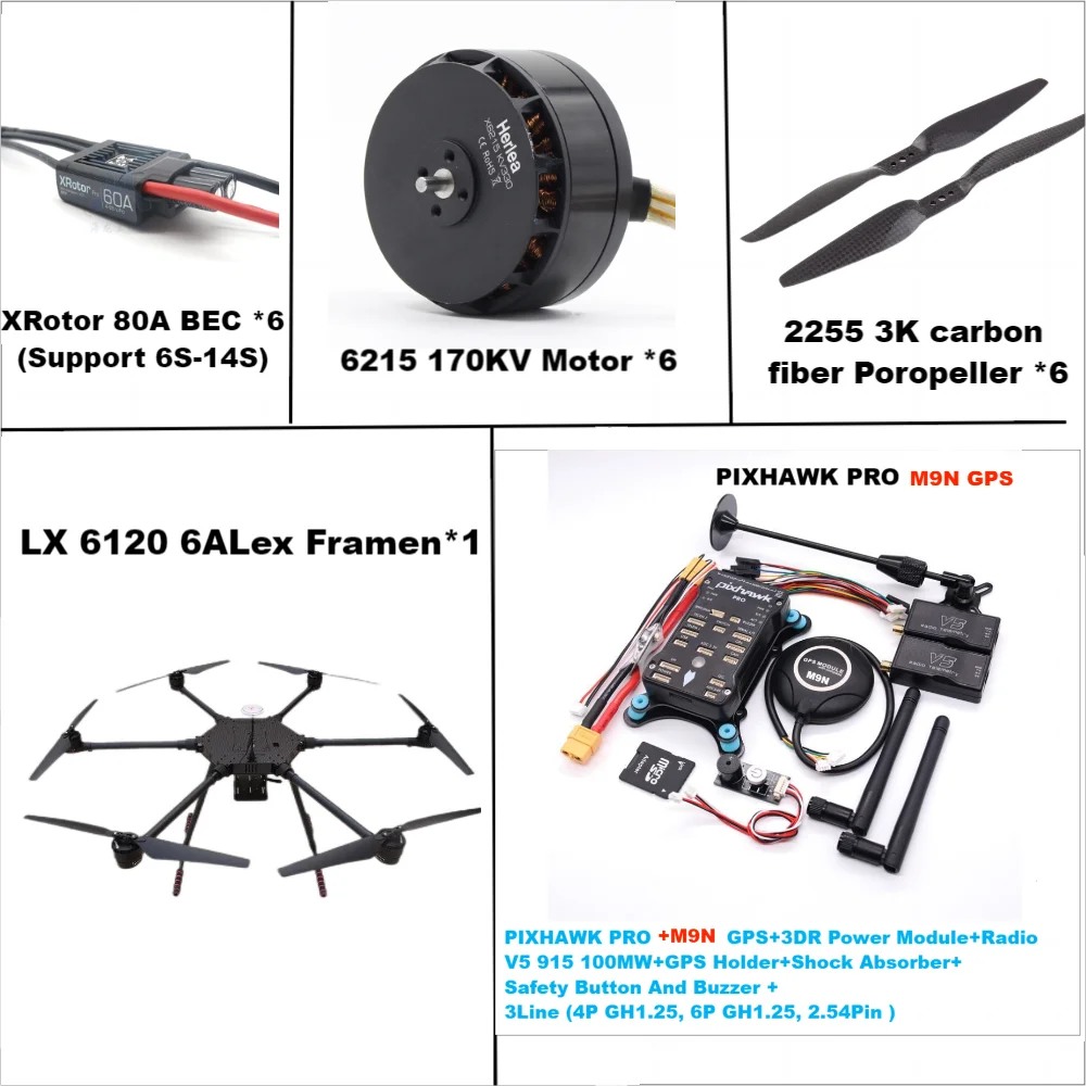 LX6120 Pixhawk PRO M9N Full Carbon Fiber 1200mm Hexa-Rotor Frame X-Roter 80A ESC PX4 Flight Control Set 6215 Motor