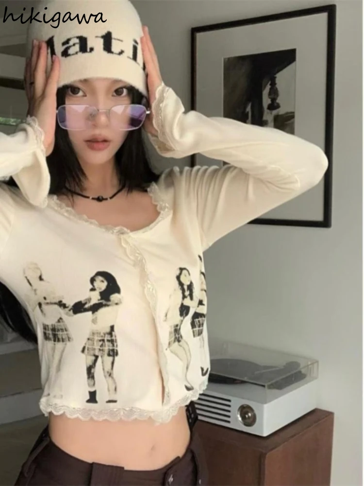 

2025 Ropa Mujer Print Long Sleeve T Shirts Patchwork Lace Slim Fit Tees Fashion Camisetas Summer Crop T-shirt Women's Clothing