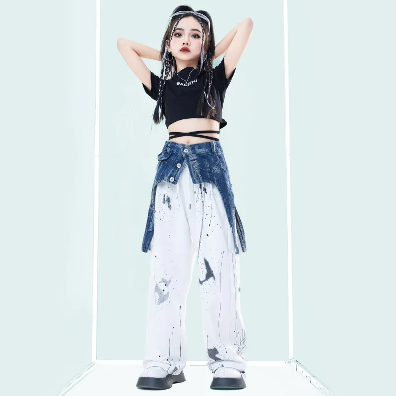 Costumes de spectacle de danse Hip Hop pour enfants, mode jazz pour filles, moulant sur scène, noir, robe au nombril, ceinture bleue, pantalon blanc