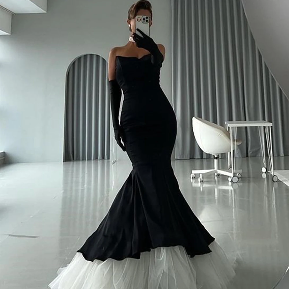 Flechazo Classic Black Mermaid Evening Dress Strapless Women Custom Made with Tulle Floor Length Party Gown for Wedding Banquet