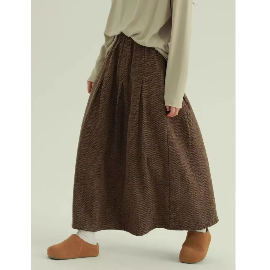 클래식 A라인 울 스커트 캐주얼 다용도 나이를 잊게 하는 슬림핏 단색 버튼 밴딩 허리 출퇴근용 롱 스커트