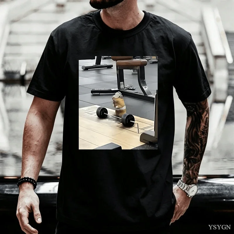 Fun Hamster Weightlifting Training T-shirt for Women's Men's Casual Y2k Short-sleeved T-shirts Streetwear Loose Cotton Tee Tops