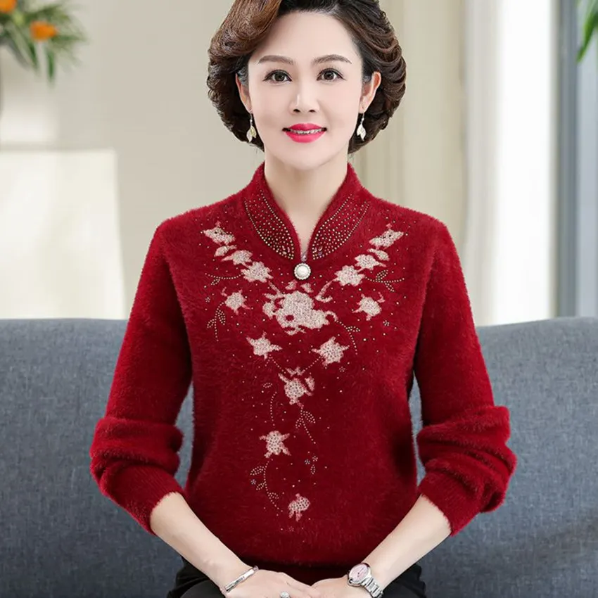 Autumn Winter Thicken Cashmere Sweater Women Imitation Mink Velvet Sweater Elegant Middle Aged Mother Pullover Knitted Jumper