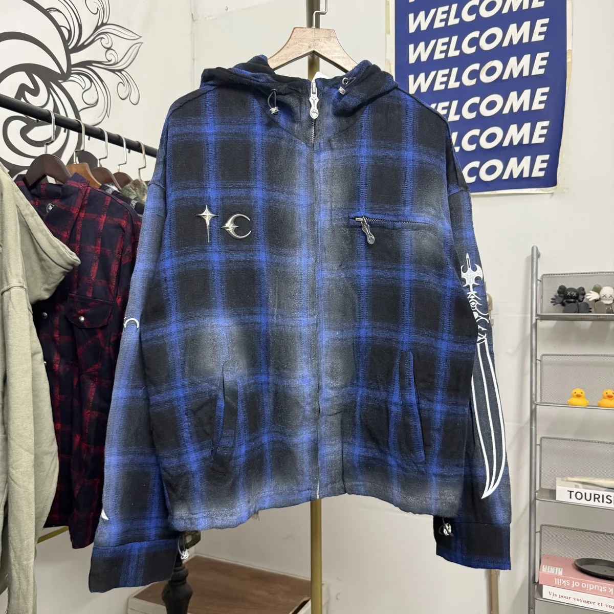 

Свободный крой с металлической вышивкой, длинный све, с капюшоном, повседневный узор Sle id, смесь хлопка и полиэстера, молодежная мода