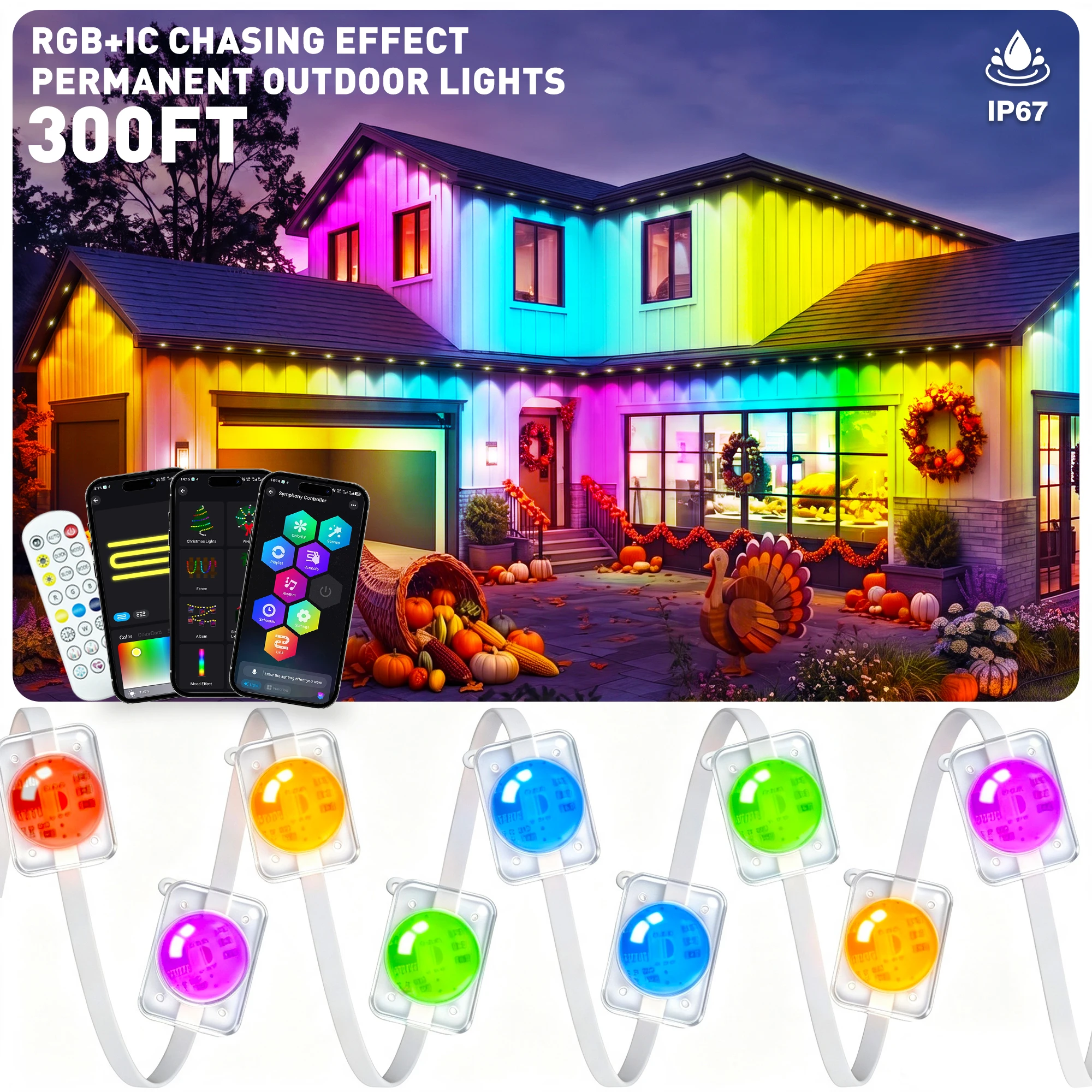 300ft Waterproof Permanent Outdoor RGBIC Lights String, Gradient Square Eave Lights App & Remote Control Lights with Music Sync, DIY Scene Modes for House Eaves, Christmas, Halloween