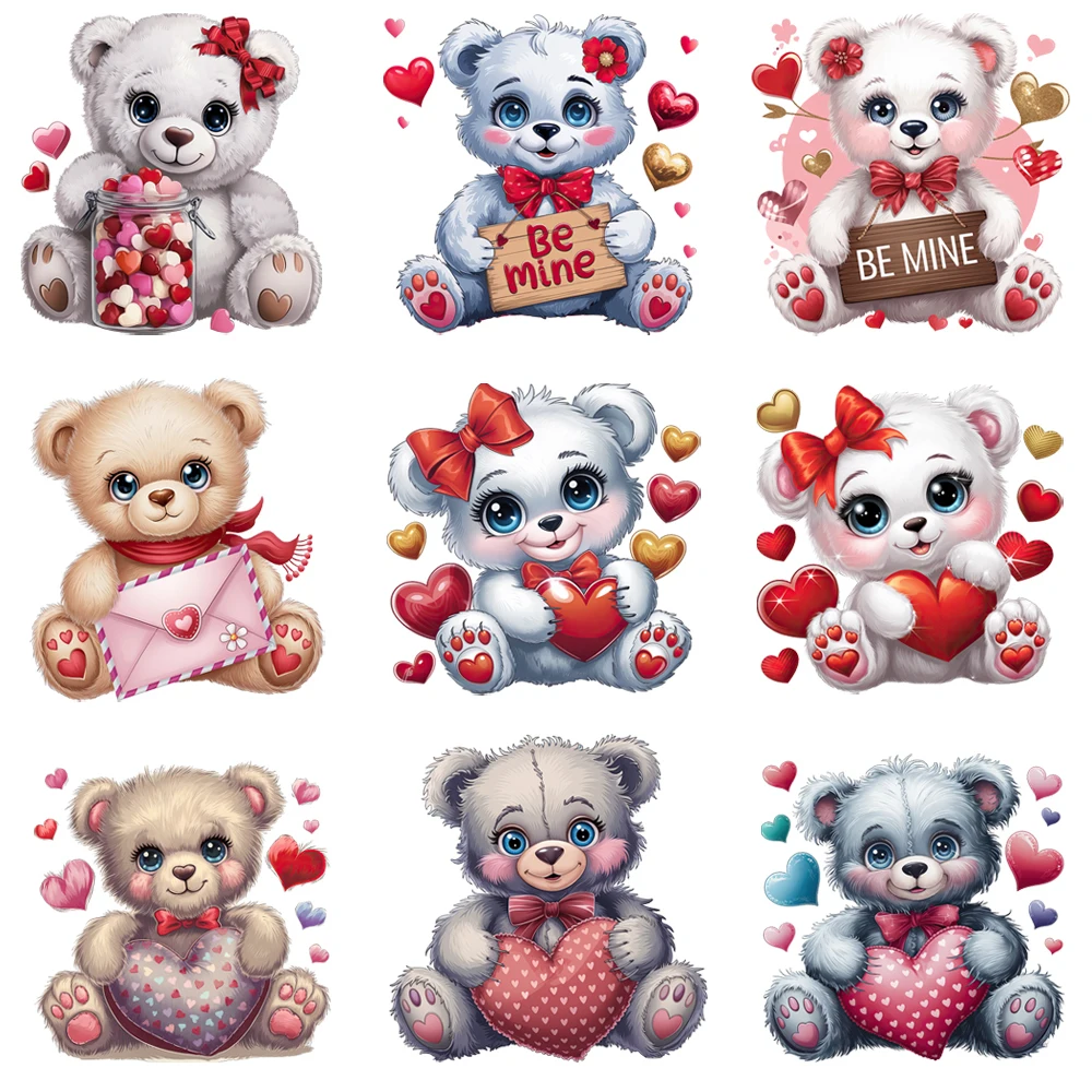 15cm Cartoon Love Heart Bear Valentine Day Iron On Transfer Stickers Diy DTF Heat Transfer Sticker T-shirt Clothes Decals