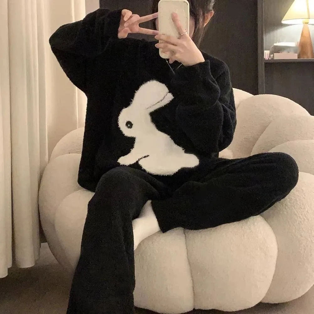 

Ins Horse Fleece Pajamas Set Duck Rabbit Long Sleeve Thicken Warm Sleepwear Kawaii Home Wear Cartoon Pajamas Suit Women