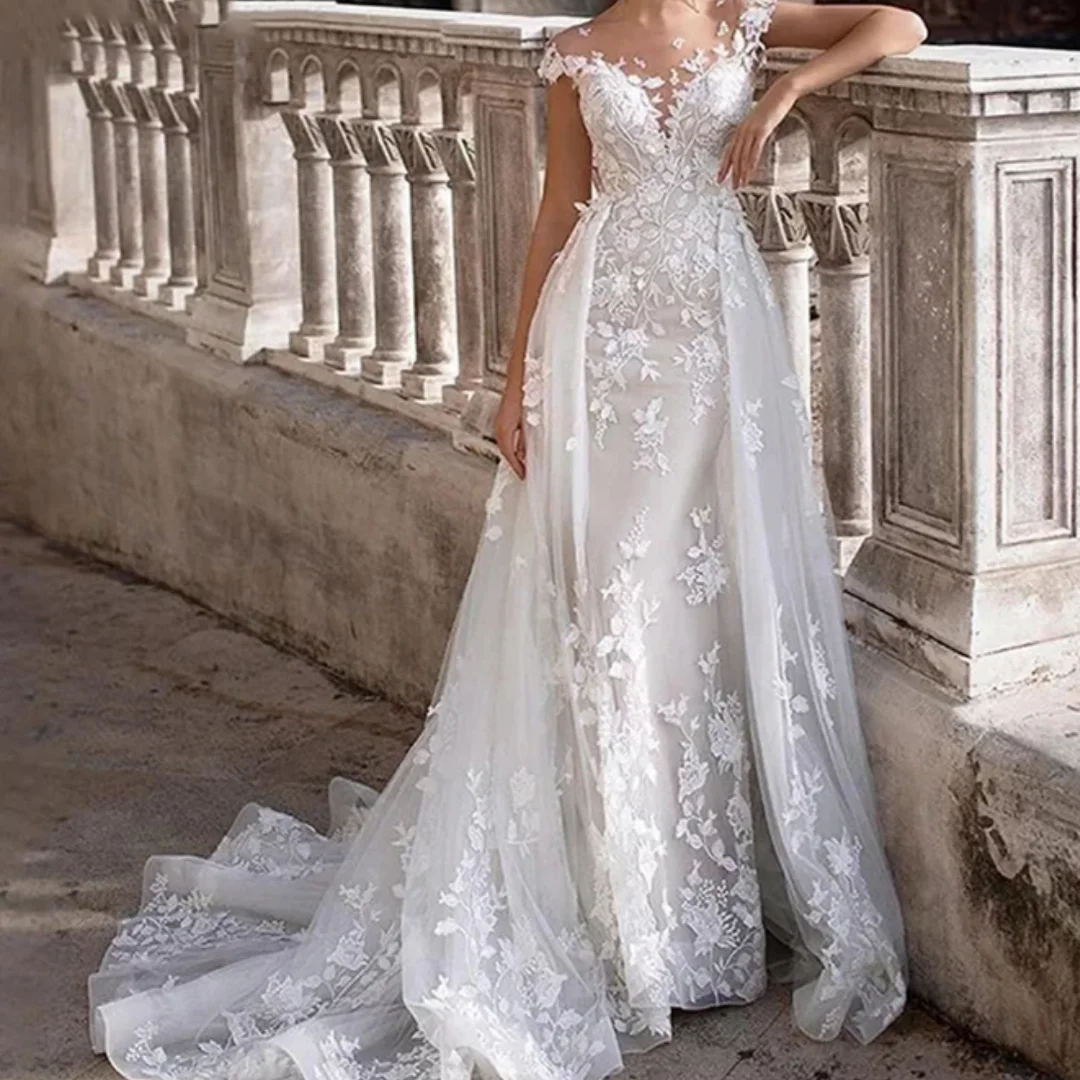 

Mermaid Wedding Dresses Women Cap Sleeves Backless Lace Appliques Bridal Gown Detachable Train Vestidos De Novia Customized