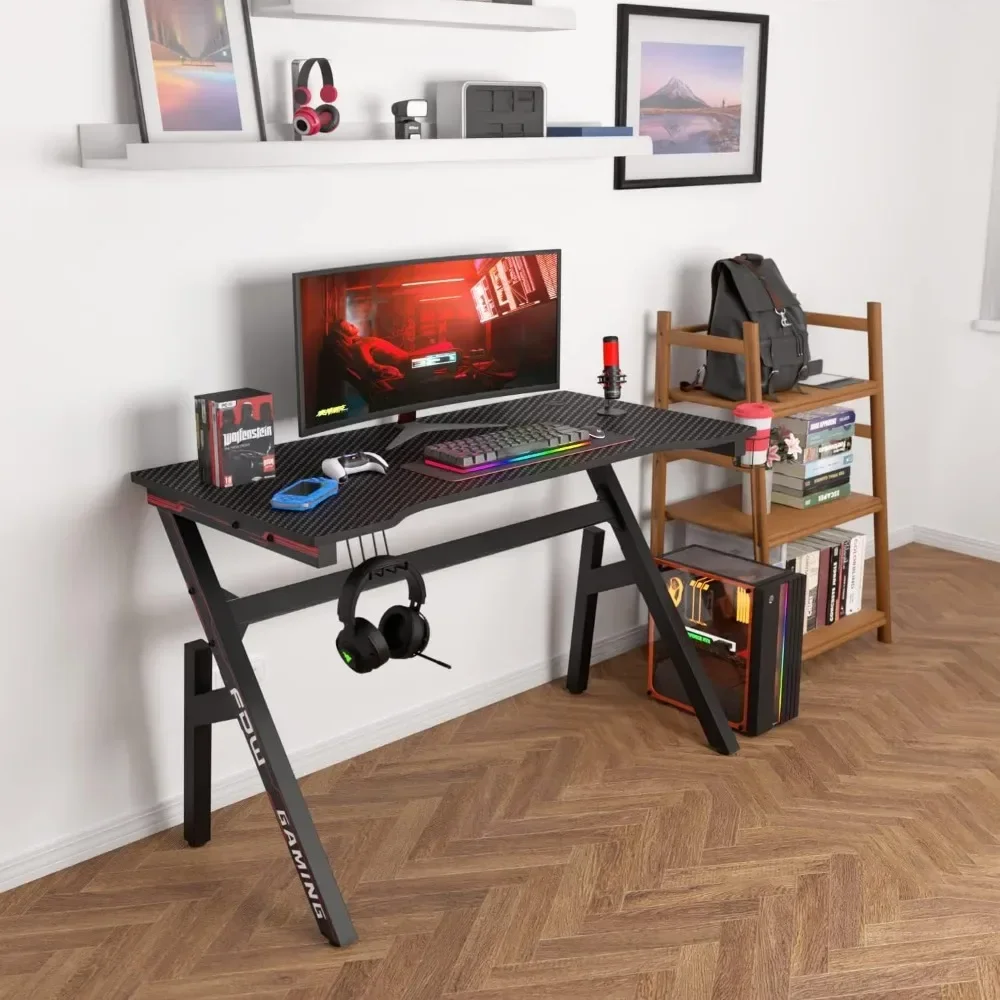 Computertisch, 47-Zoll-Home-Office-Schreibtisch, extra großer, moderner, ergonomischer, schwarzer PC-Tisch aus Kohlefaser, Gamer-Workstation