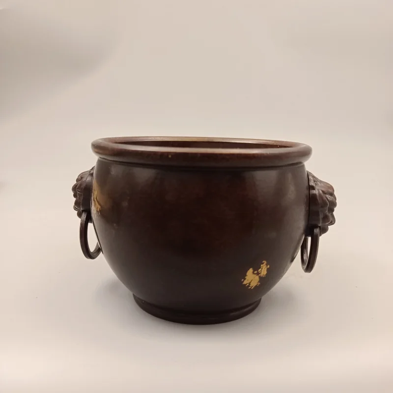 Antique Copperware Collection Ornament Red Gold Dot Double Beast Head Hanging Ring Copper Jar Home Decoration Gift