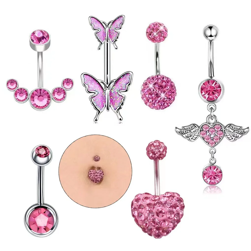 

Stainless Steel Y2K Pink Heart Belly Button Rings for Women Navel Ring 14G Sexy Wings Zircon Belly Piercing Ombligo Jewelry