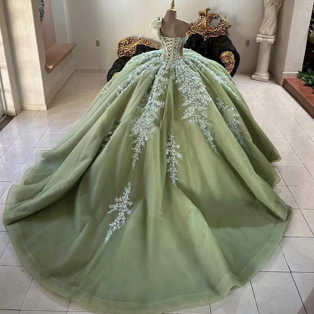 Green Charro Quinceanera Dresses Ball Gown Sweetheart Appliques Bow Mexican Sweet 16 Dresses 15 Anos Customized