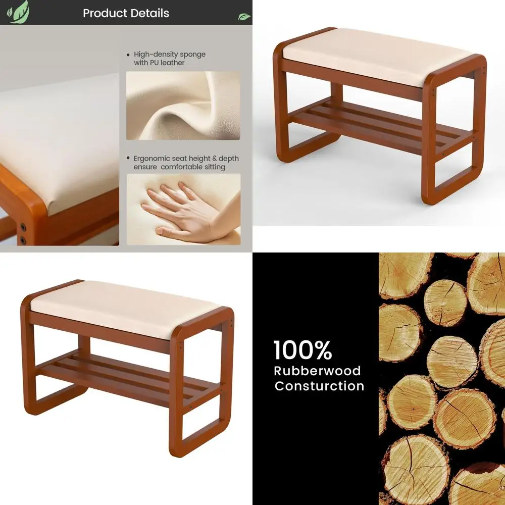 مقعد تخزين الأحذية من خشب الكرز مع وسادة، منظم 6 أزواج، 24 للمدخل #1