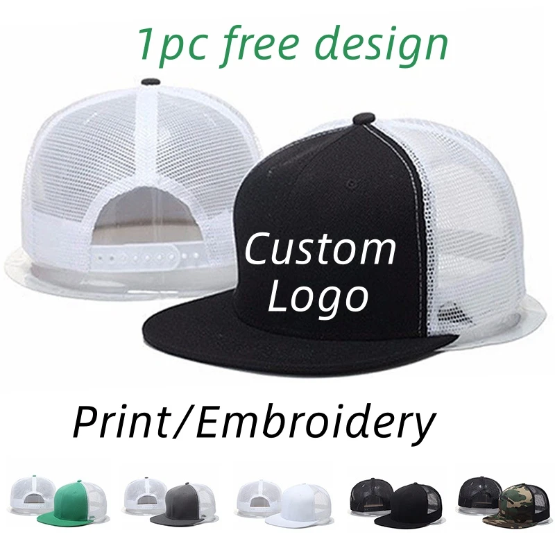 Men Flat Brim Mesh Baseball Caps Custom Embroidery Logo Hip Hop Snapback Caps Kpop Women Adjustable Breathable Dad Hat Gorras